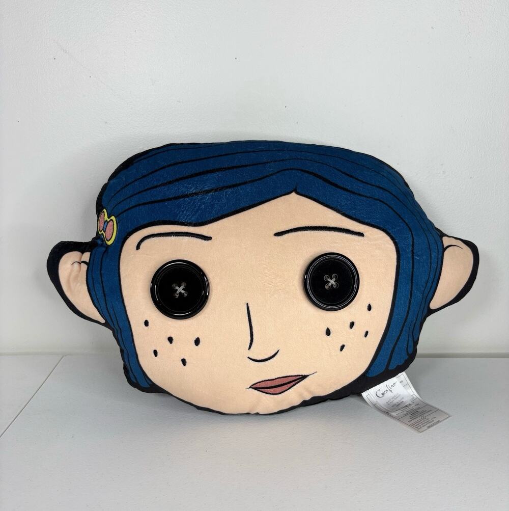 Coraline Plush Pillow Button Eyes Big Face Embroidered